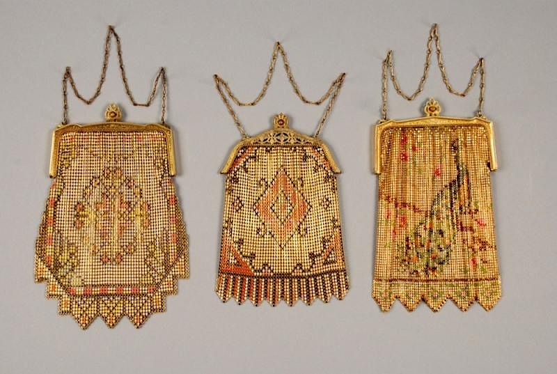 Appraisal: THREE WHITING and DAVIS PAINTED MESH BAGS EARLY th C