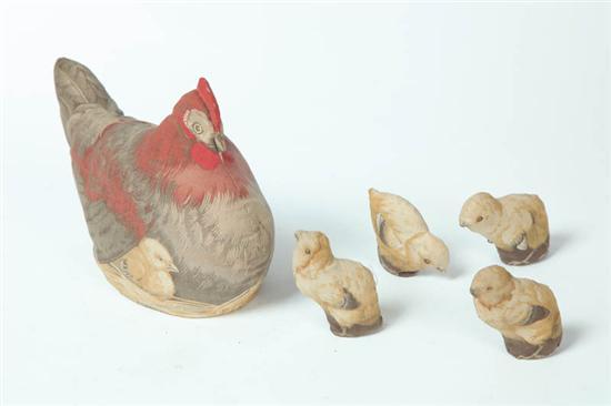 Appraisal: STUFFED TOY HEN AND PEEPS American late th century Printed