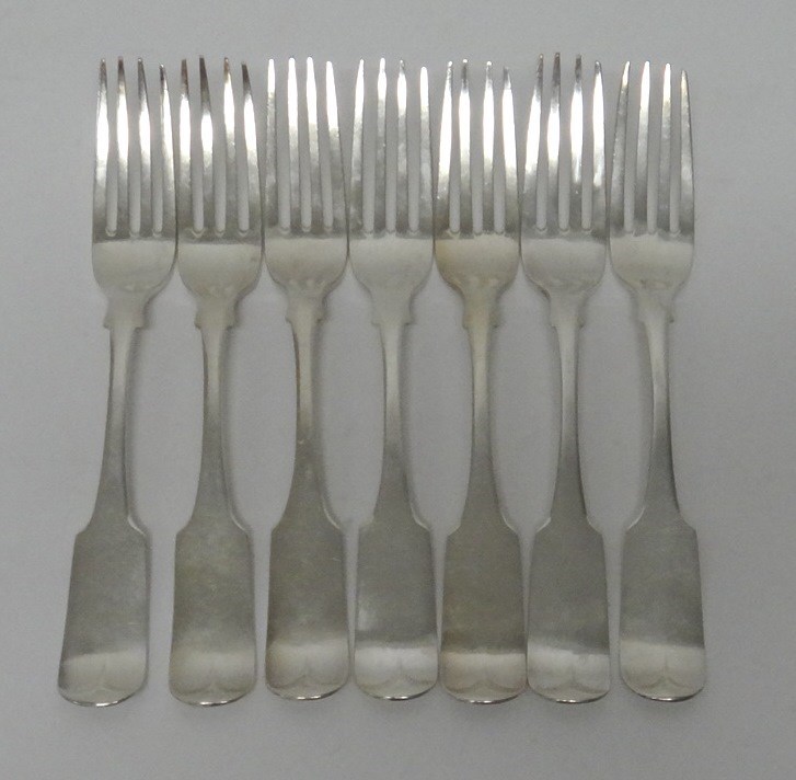 Appraisal: Seven Irish silver fiddle pattern table forks each crest and