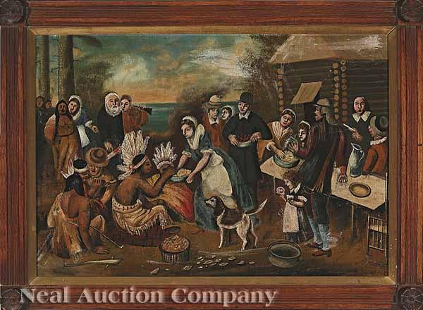 Appraisal: American School The First Thanksgiving oil on canvas after the