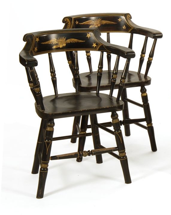 Appraisal: PAIR OF GRAIN-PAINTED CAPTAIN'S CHAIRS th CenturyWith later decoration of