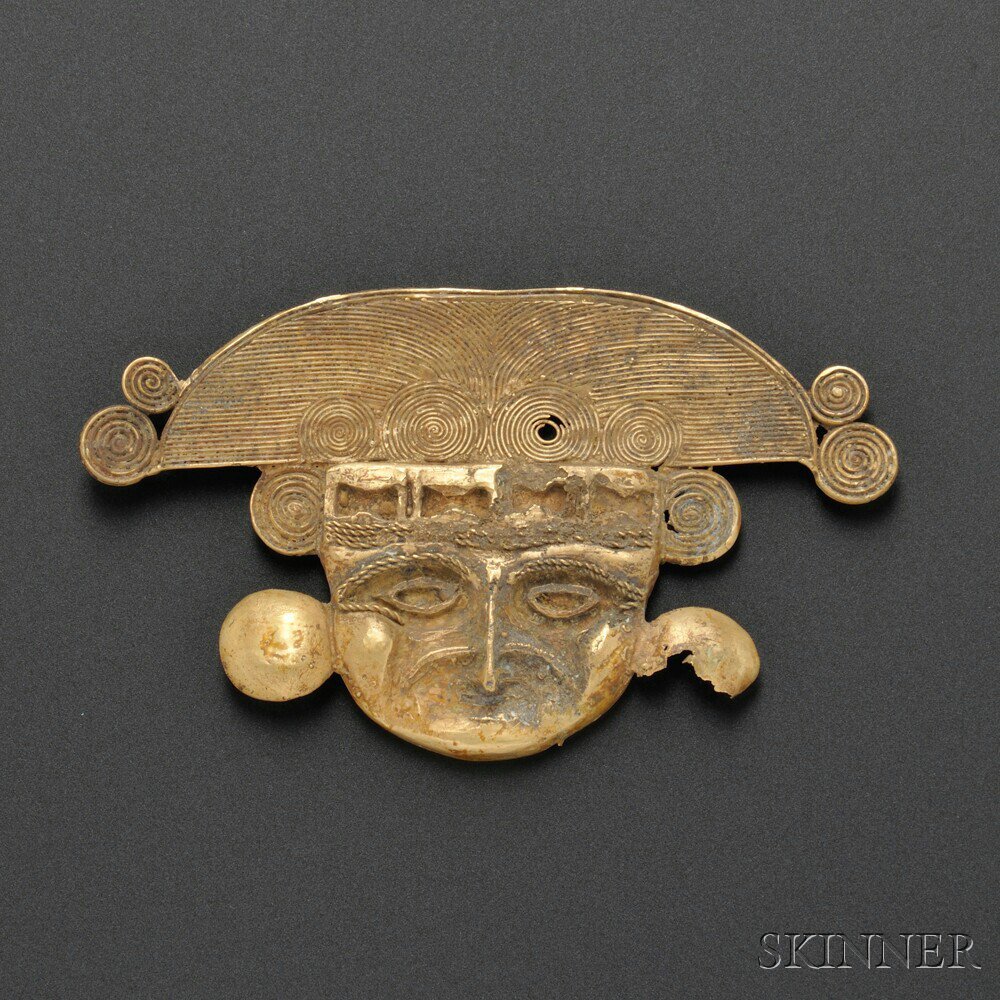 Appraisal: Quimbaya Gold Mask with Elaborate Headdress and Ear Ornaments Colombia