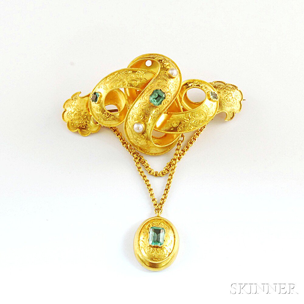 Appraisal: High-karat Gold Gem-set Brooch formed as an engraved gold ribbon