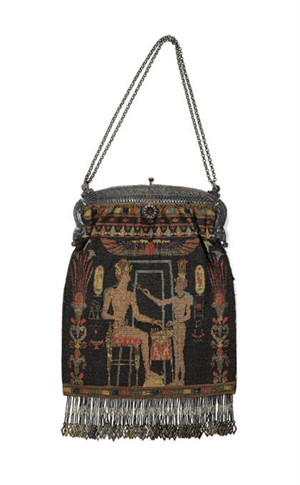 Appraisal: Egyptian Revival French micro-beaded purse s Blackened silver frame with