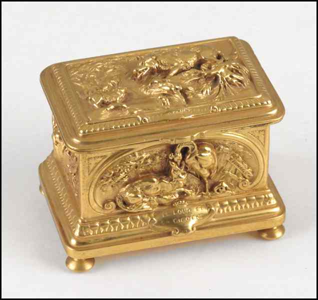 Appraisal: FRENCH GILT BRONZE BOX Depicting the store of The Wolf