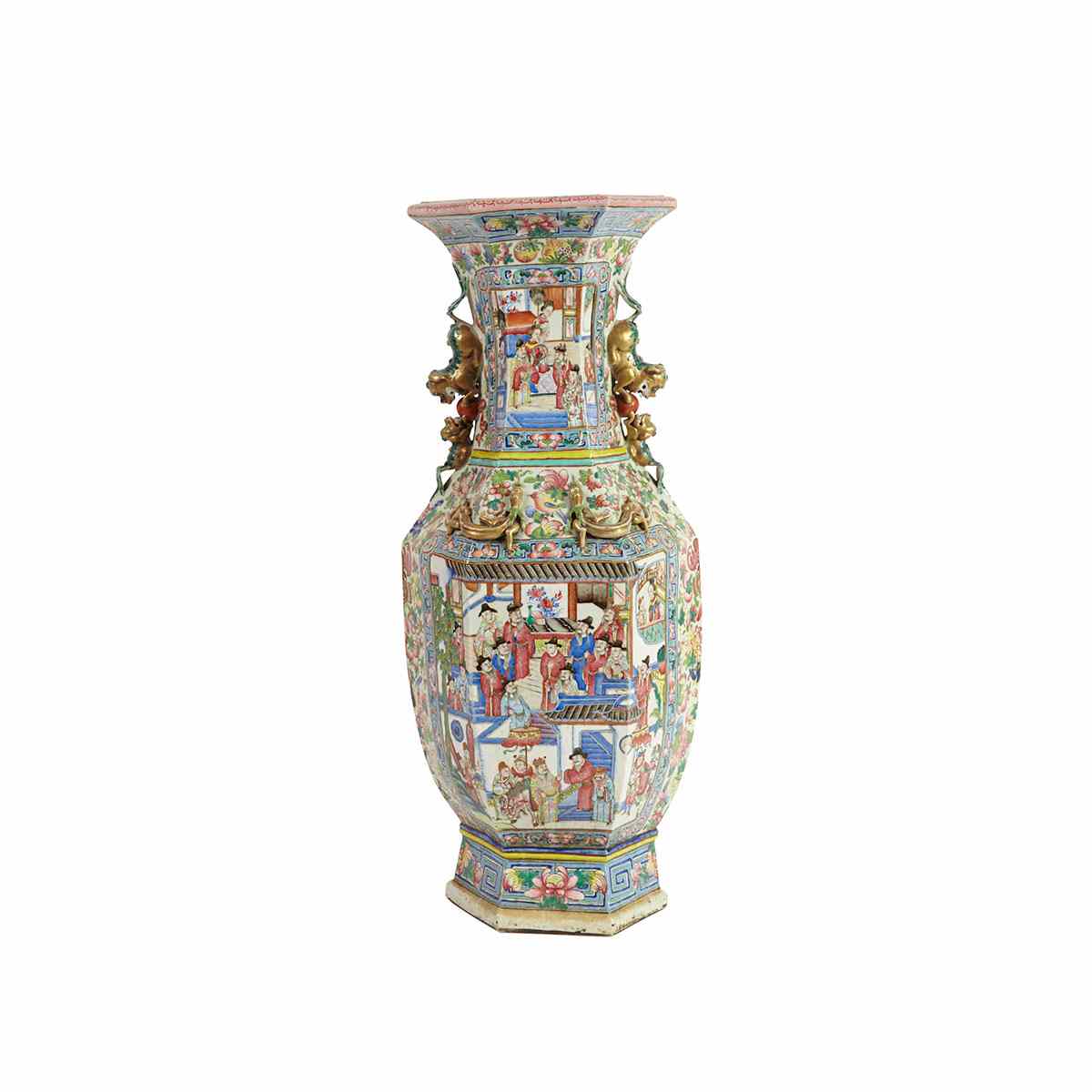 Appraisal: Massive Export Canton Rose Vase th Century Of hexagonal-form the