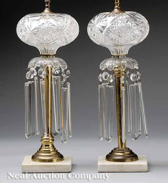 Appraisal: A Pair of American Prism-Hung Cut Glass and Brass Table