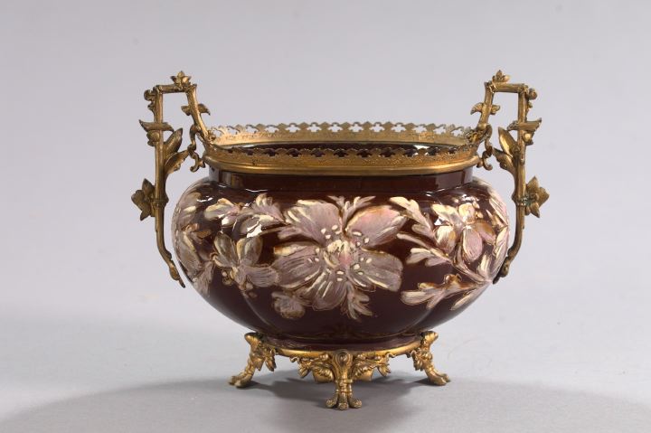 Appraisal: Attractive French Gilt-Brass-Mounted Barbotine-Glazed and Parcel-Gilt Pottery Garniture Bowl fourth