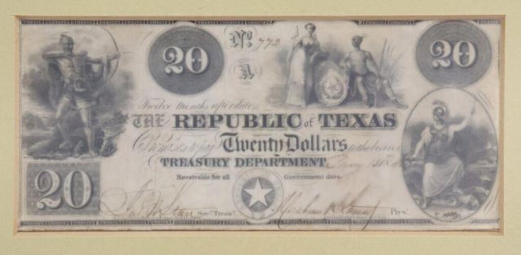 Appraisal: Framed Republic of Texas Currency note serial numbered dated January