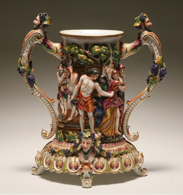 Appraisal: Monumental Capo di Monte two handled vessel cup a Bacchnalian