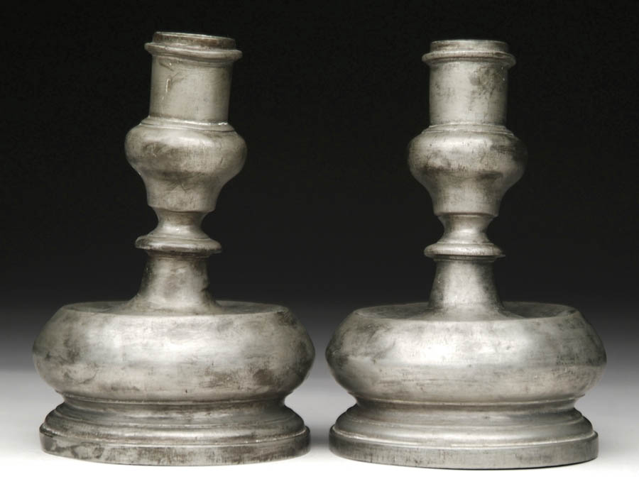 Appraisal: TH CENTURY PEWTER CANDLESTICKS WITH LARGE CYLINDRICAL BASE Unmarked SIZE