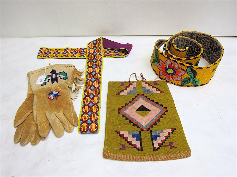 Appraisal: NATIVE AMERICAN BAG GLOVES AND TWO BELTS the buckskin beaded