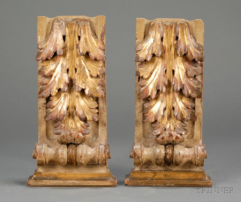 Appraisal: Pair of Carved Giltwood Bookends Continental th century acanthus and