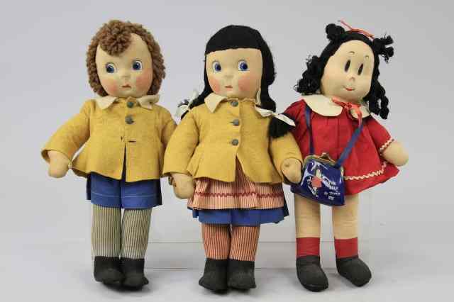 Appraisal: LOT OF THREE AMERICAN CLOTH DOLLS Included are a pair