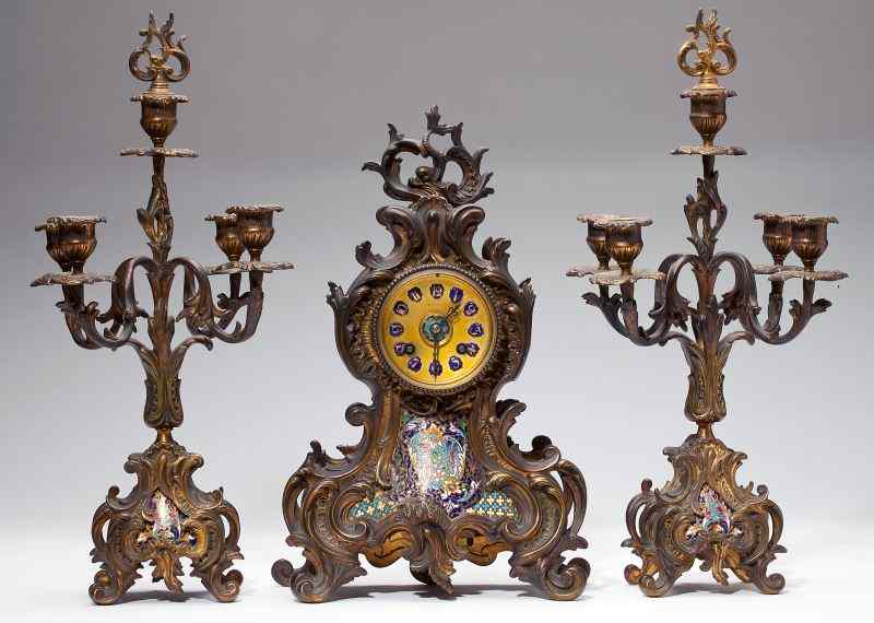 Appraisal: Tiffany Co Champleve Gilt Bronze Garniture Setin the Louis XV