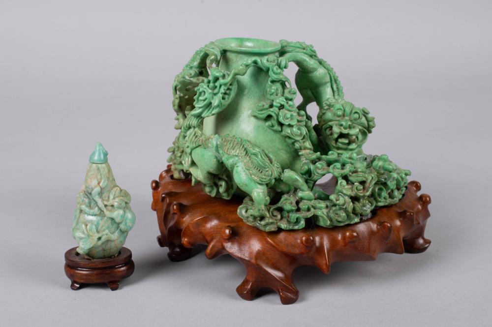 Appraisal: CHINESE SOFTSTONE DRAGON VASE AND SNUFF BOTTLE the material of