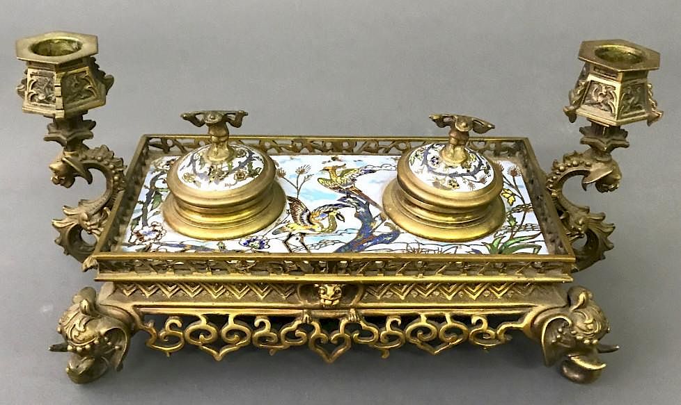 Appraisal: Chinese Clossione and Bronze Inkstand Chinese clossione and bronze inkstand