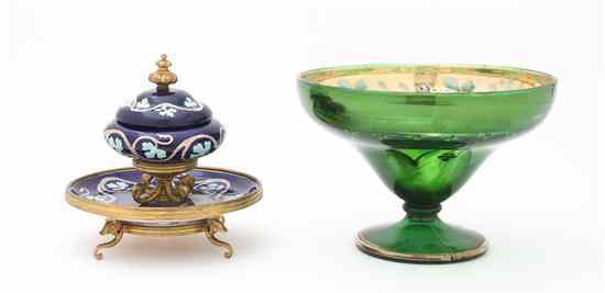 Appraisal: A French Enameled Porcelain Inkwell together with a green glass