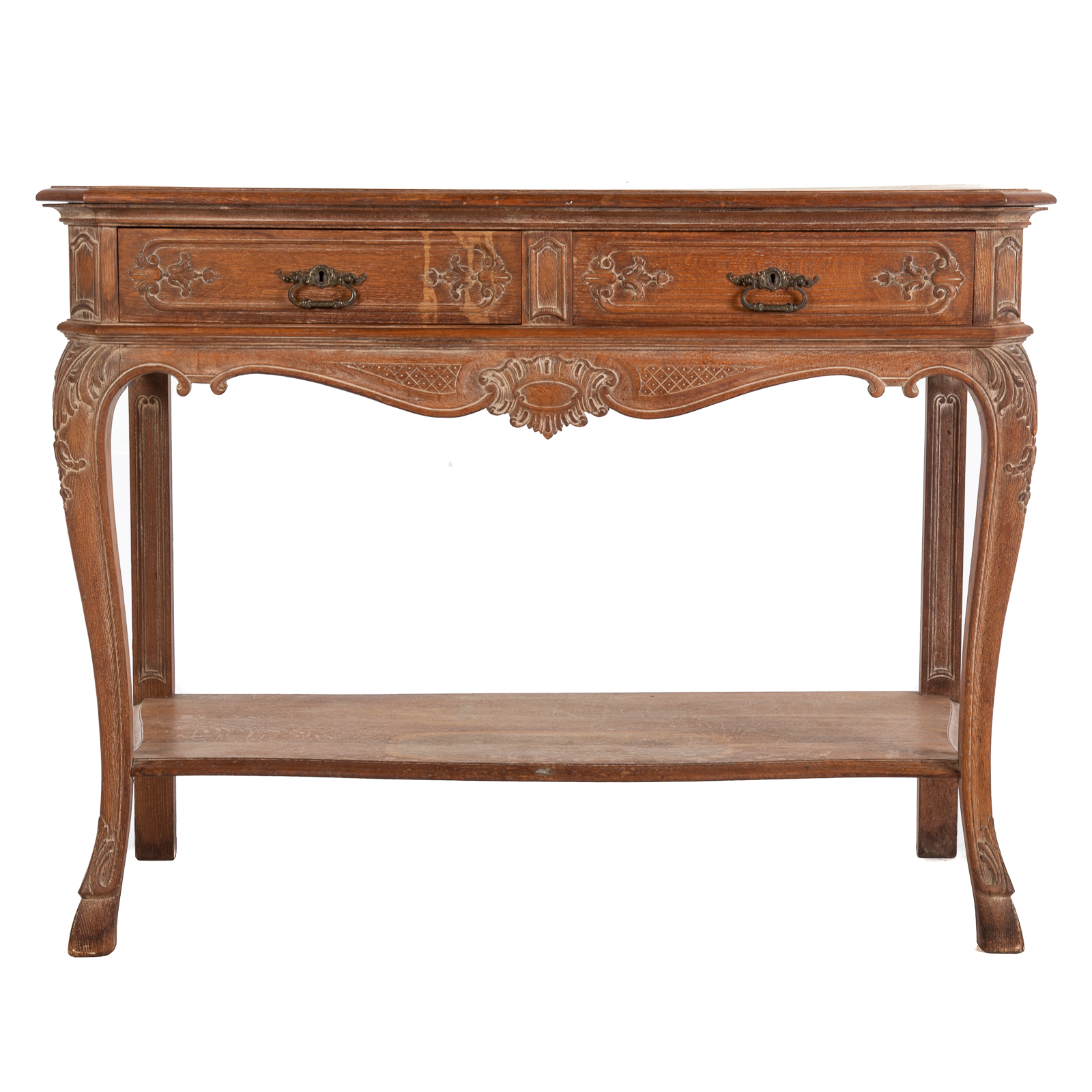 Appraisal: FRENCH OAK TWO-DRAWER CONSOLE TABLE th century with two short