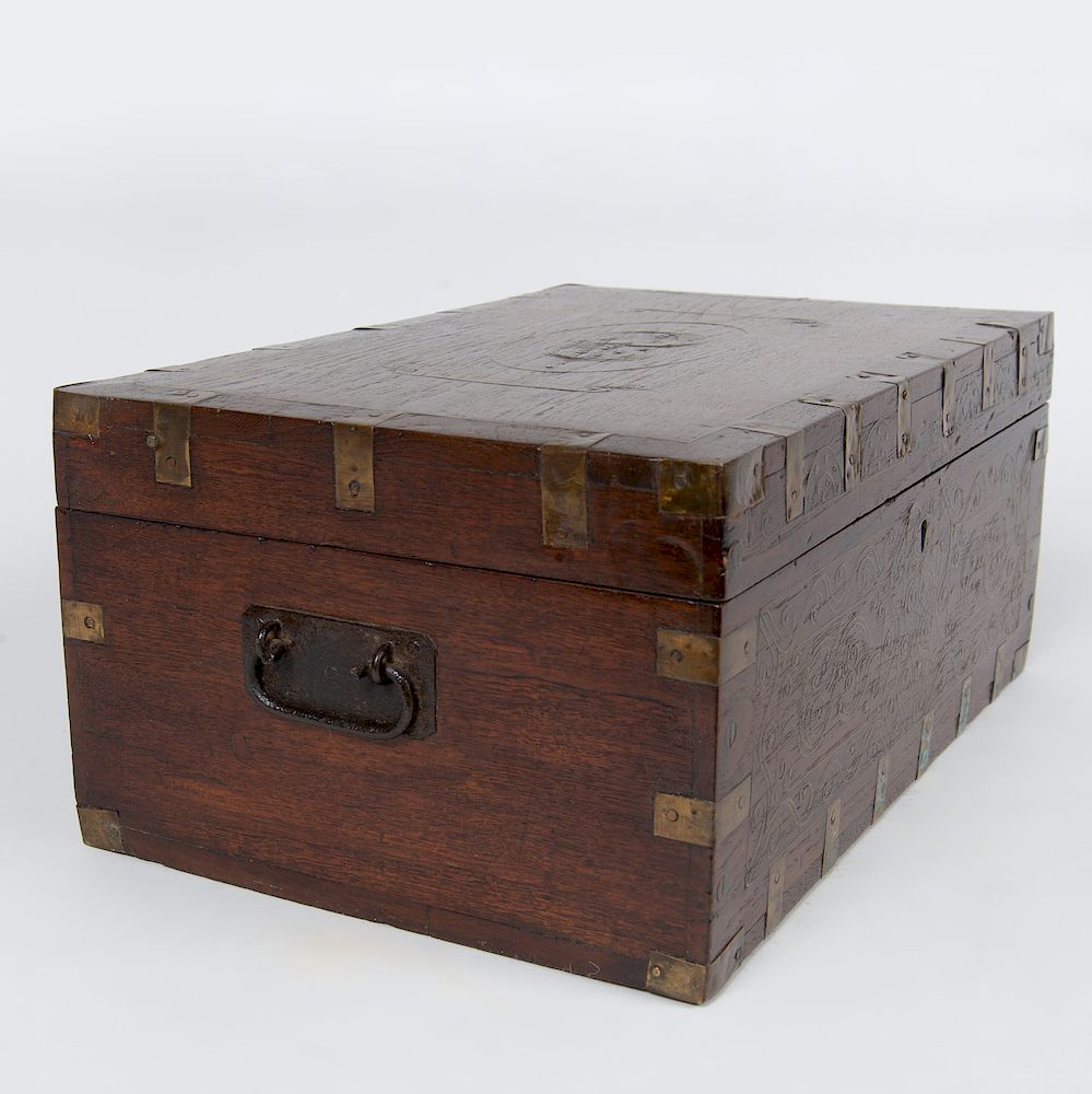 Appraisal: Continental Brass-Inlaid Wood Traveling Box The interior fitted with a