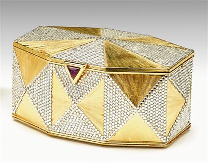 Appraisal: Judith Leiber brushed gold and crystal minaudiere s Eight-sided box