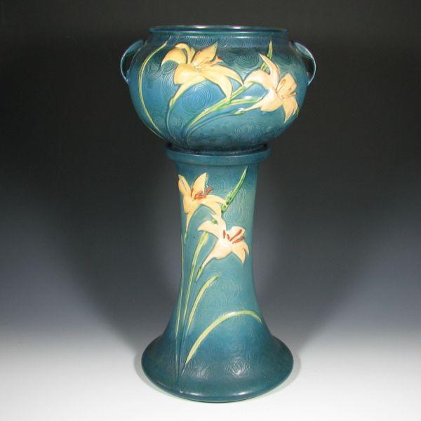 Appraisal: Roseville Zephyr Lily jardiniere and pedestal in blue Jardiniere is