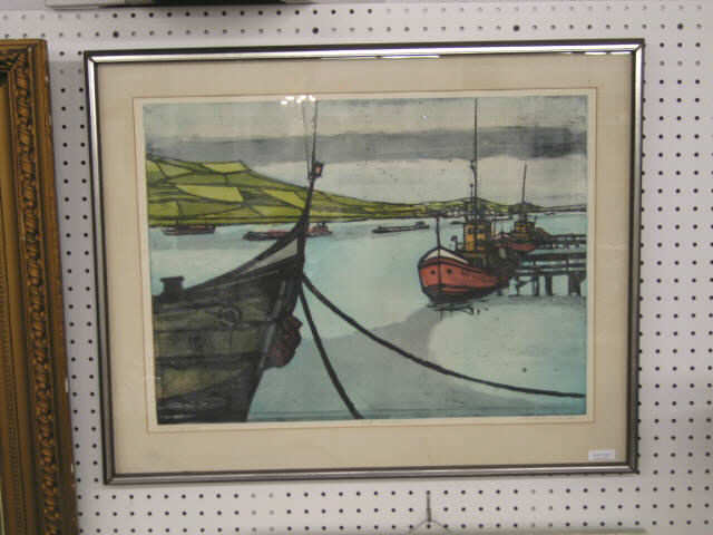 Appraisal: Woodblock Print ships in harbor signed illegibly of image area