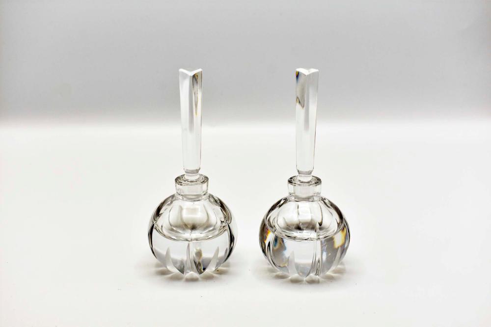 Appraisal: PAIR OF MIKASA FLAME DAMORE GLASS PERFUME BOTTLESModern Spherical cut