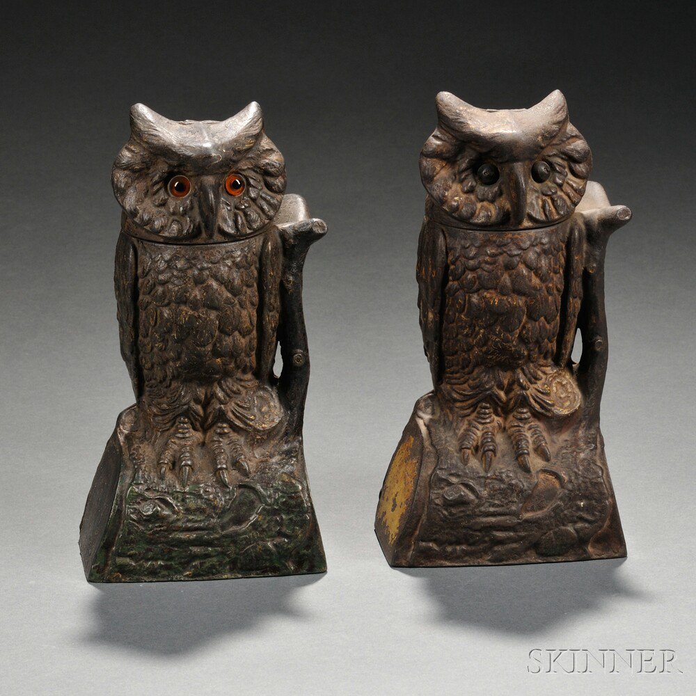 Appraisal: Two Painted Cast Iron Mechanical Owl Banks J E Stevens