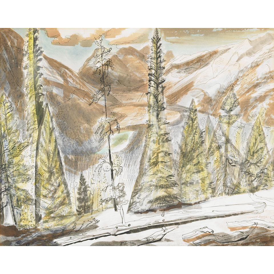 Appraisal: Edward Bawden - British FIR TREES IN A MOUNTAIN VISTA