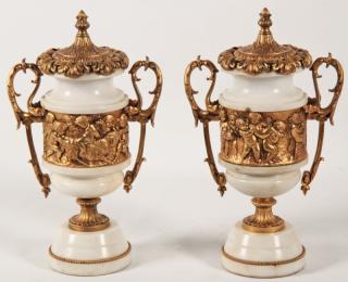 Appraisal: PAIR OF FRENCH GILT BRONZE MOUNTED WHITE MARBLE CAPPED URNS