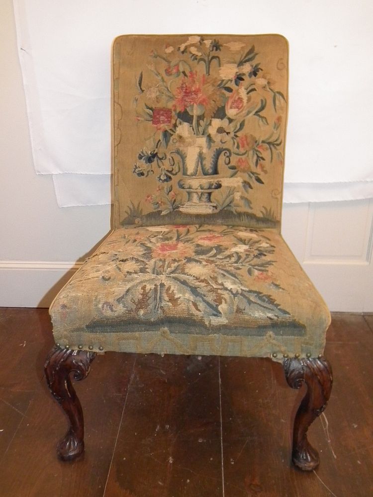 Appraisal: PERIOD TAPESTRY SIDE CHAIR Highly carved English Queen Anne side