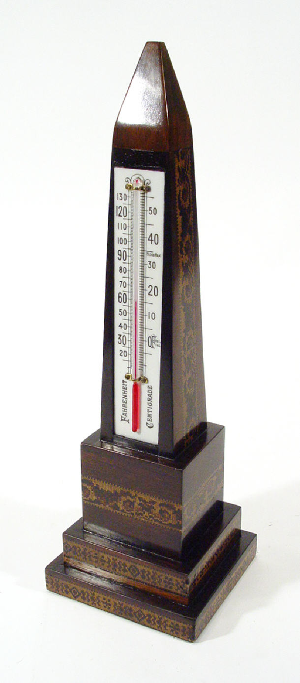 Appraisal: Large Tunbridgeware desk thermometer inlaid with bands of flowers cm