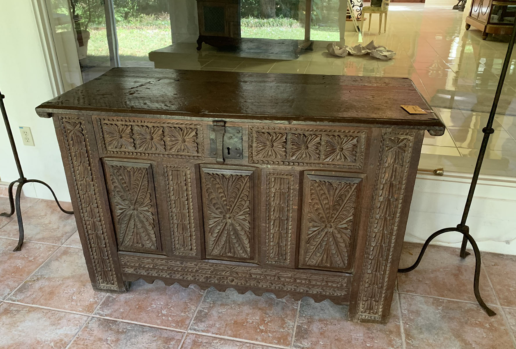 Appraisal: LARGE EARLY CARVED OAK STORAGE CHEST Early continental oak storage