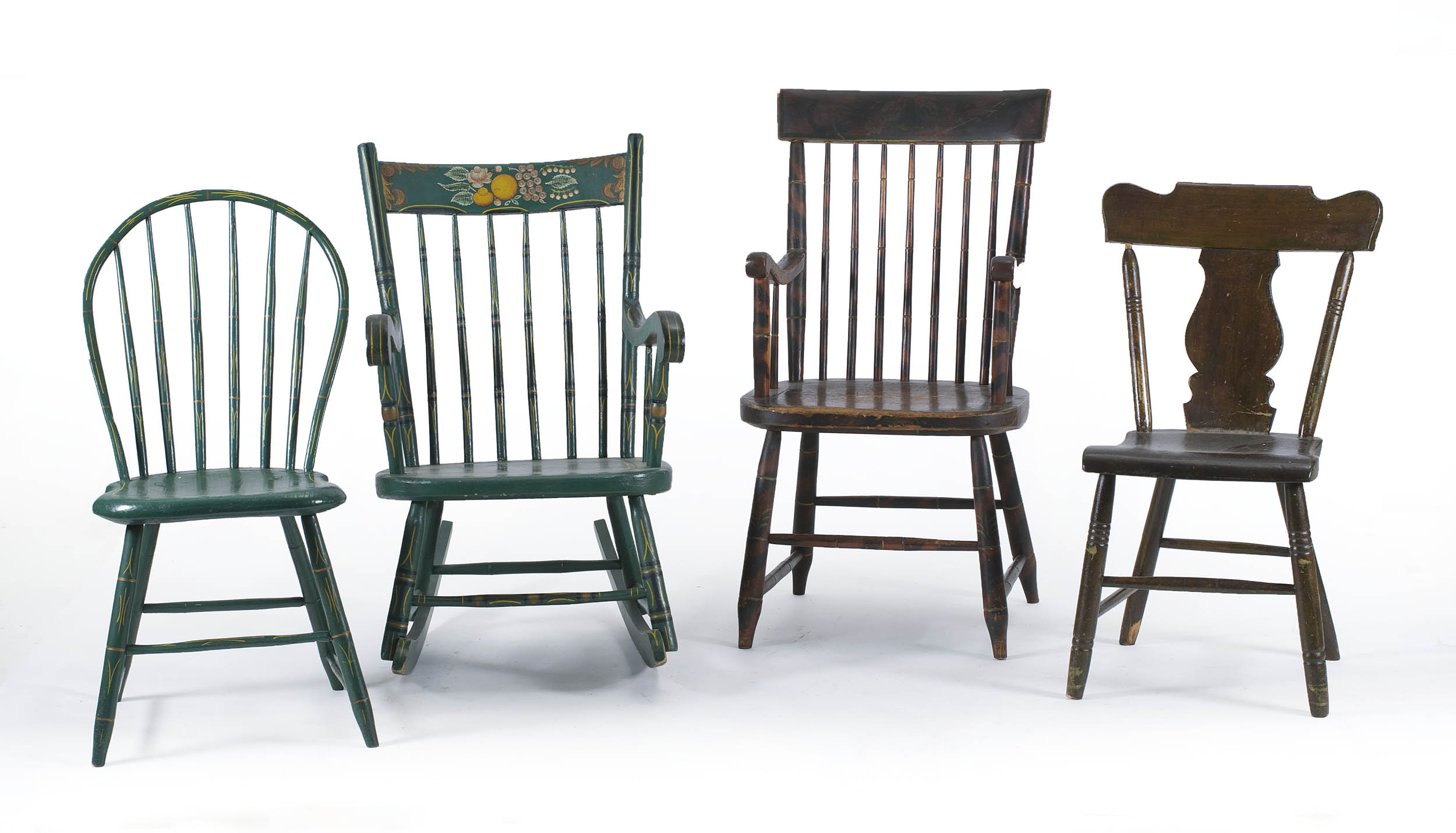 Appraisal: FOUR PAINT-DECORATED CHAIRS Pennsylvania Windsor armchair with original painted decoration