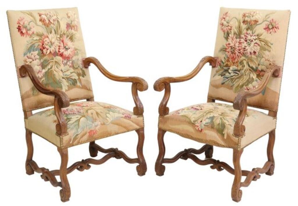 Appraisal: pair French Louis XIV style walnut armchairs early th c