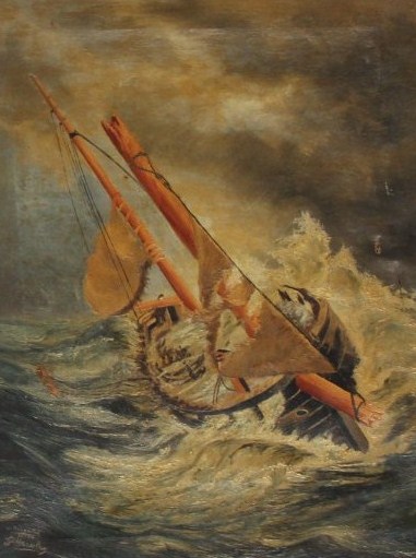 Appraisal: W Roberts thC Boat on rough seas oil on canvas