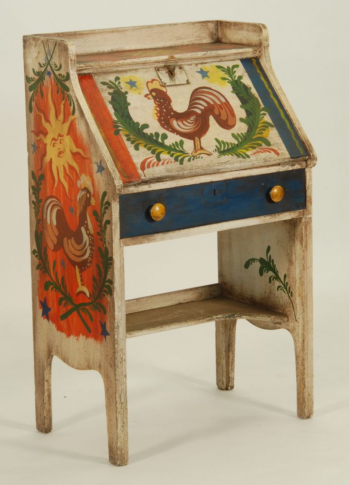 Appraisal: PETER HUNT-DECORATED SLANT-LID DESK Circa With sun and rooster design