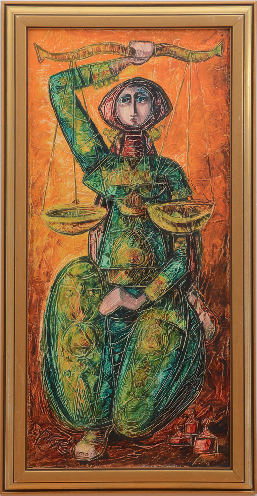 Appraisal: YOSSI STERN - FIGURE WITH SCALE Acrylic on canvas signed