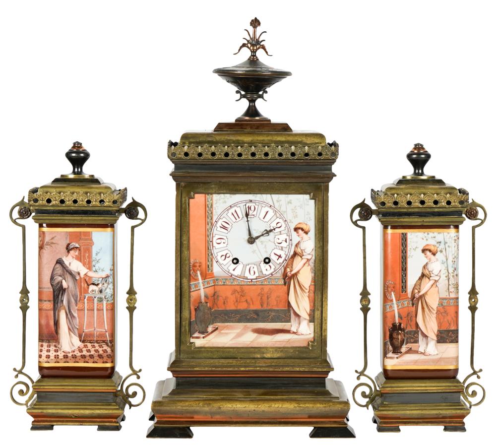 Appraisal: THREE-PIECE CLOCK GARNITUREtransfer-printed porcelain and brass unmarked clock inches wide