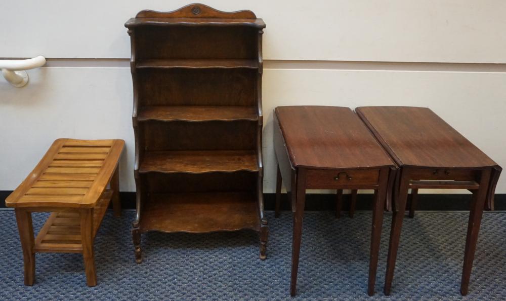 Appraisal: PAIR OF MAHOGANY PEMBROKE TABLES OAK STOOL AND FRUITWOOD ETAGEREPair