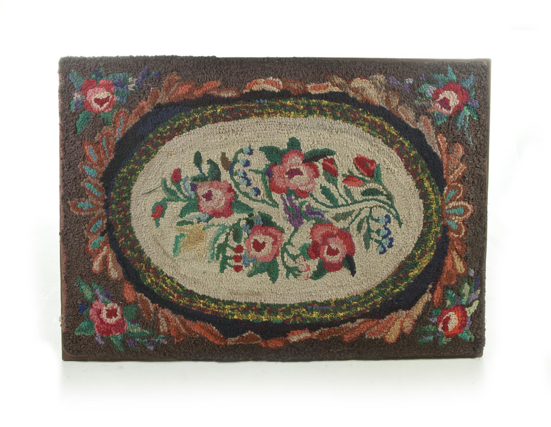 Appraisal: FLORAL HOOKED RUG ON STRETCHER American st half- th century