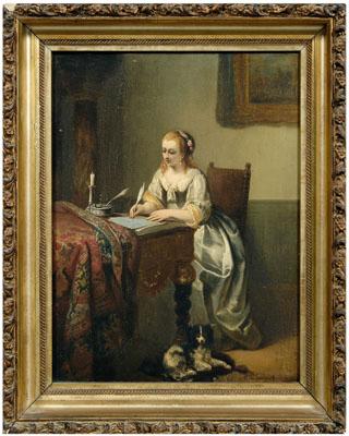 Appraisal: Painting manner of Verhoeven-Ball woman writing at a carpet-draped desk