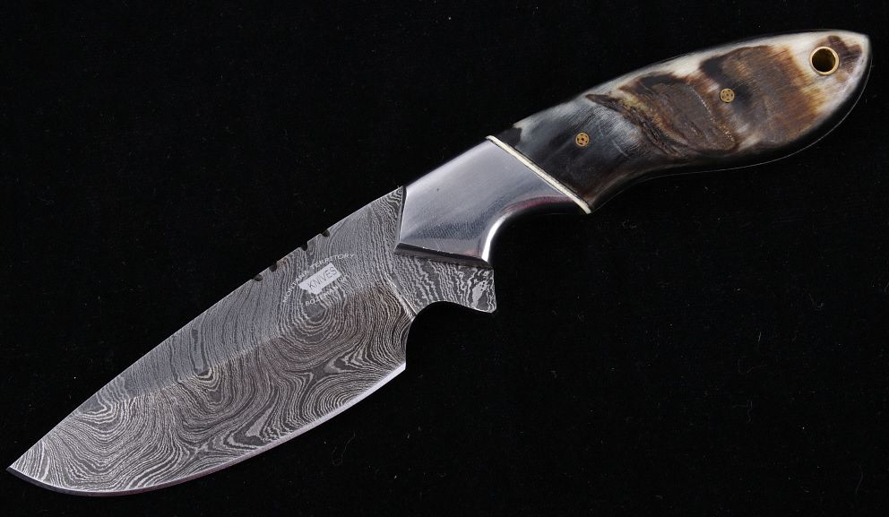 Appraisal: M T Knives Rams Horn Damascus Drop Point Knife This