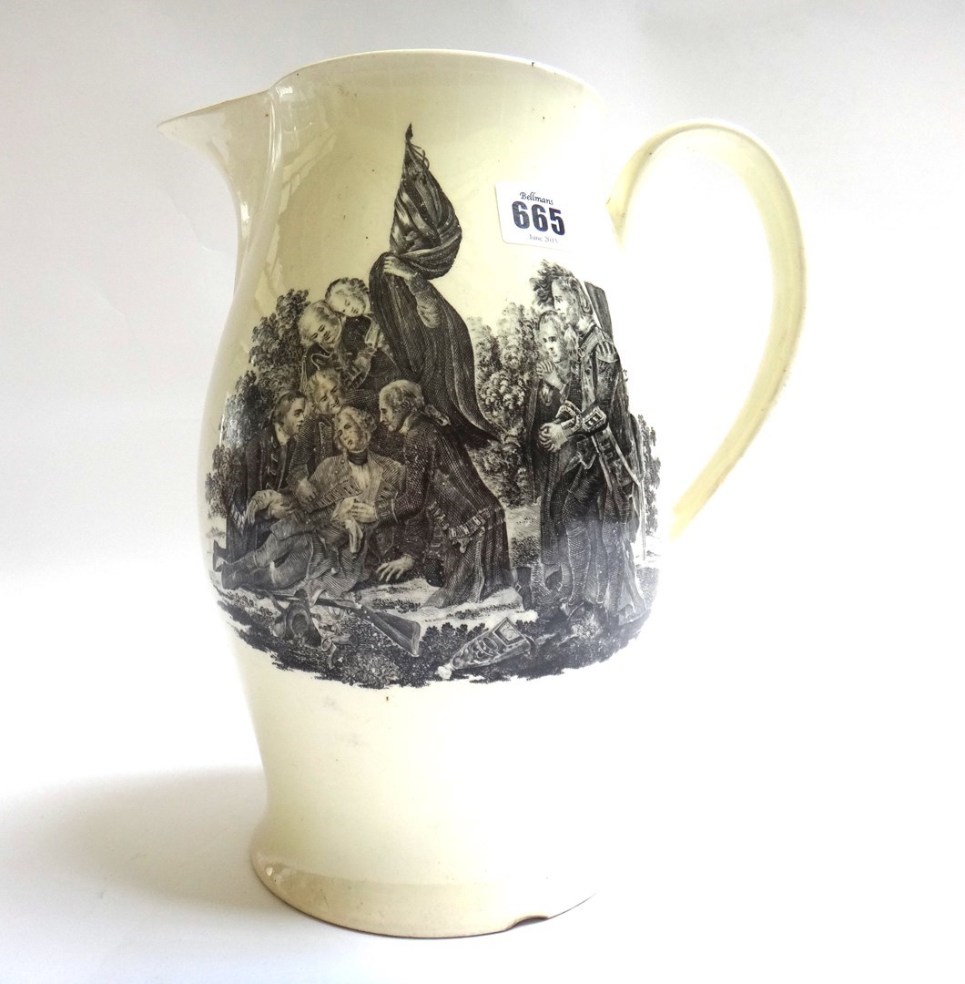 Appraisal: An English creamware transfer printed jug circa printed with 'The