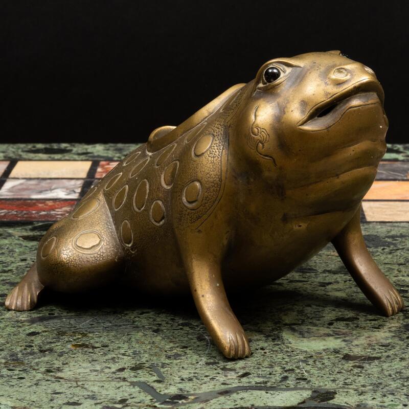 Appraisal: Asian Gilt-Bronze Toad Form Censer Unmarked inset with glass eyes