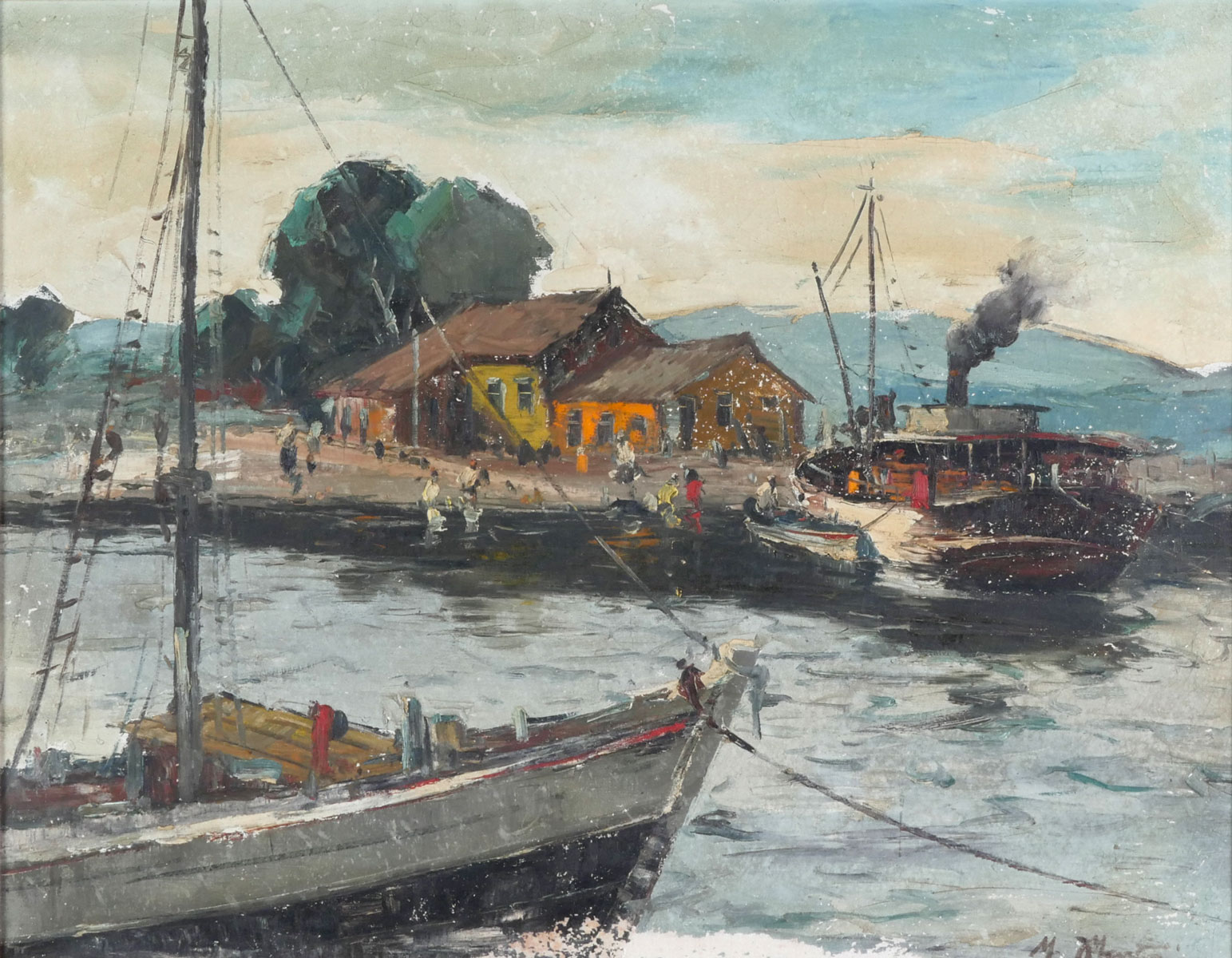 Appraisal: MARTIN Marcel French - Harbor Scene with Fisherman Oil Canvas