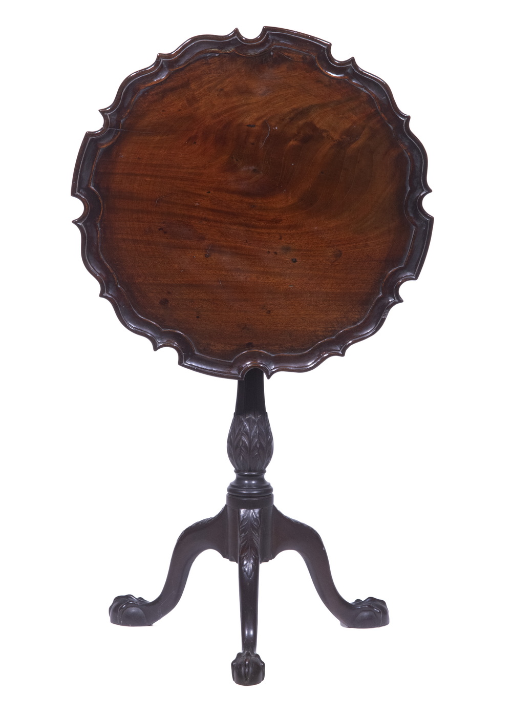 Appraisal: CHIPPENDALE PIE CRUST TABLE th c Mahogany Tilt-Top Birdcage Tea