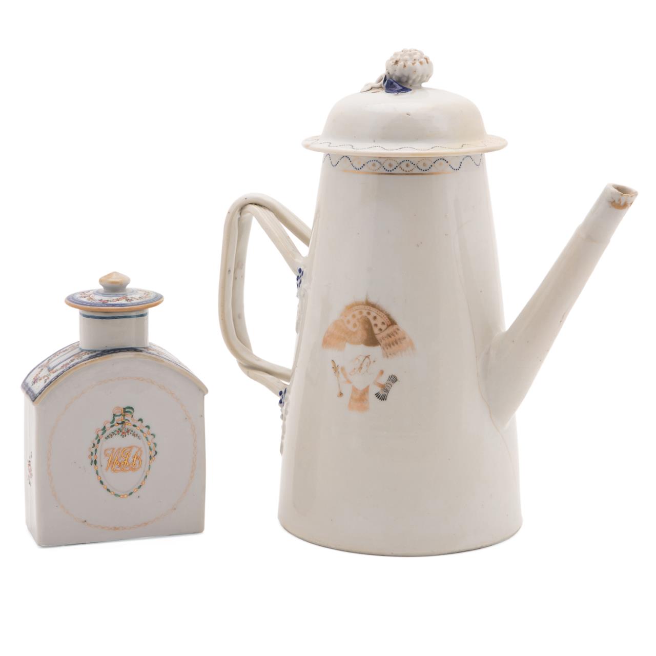 Appraisal: CHINESE EXPORT COFFEE POT AND TEA CADDY C Two piece