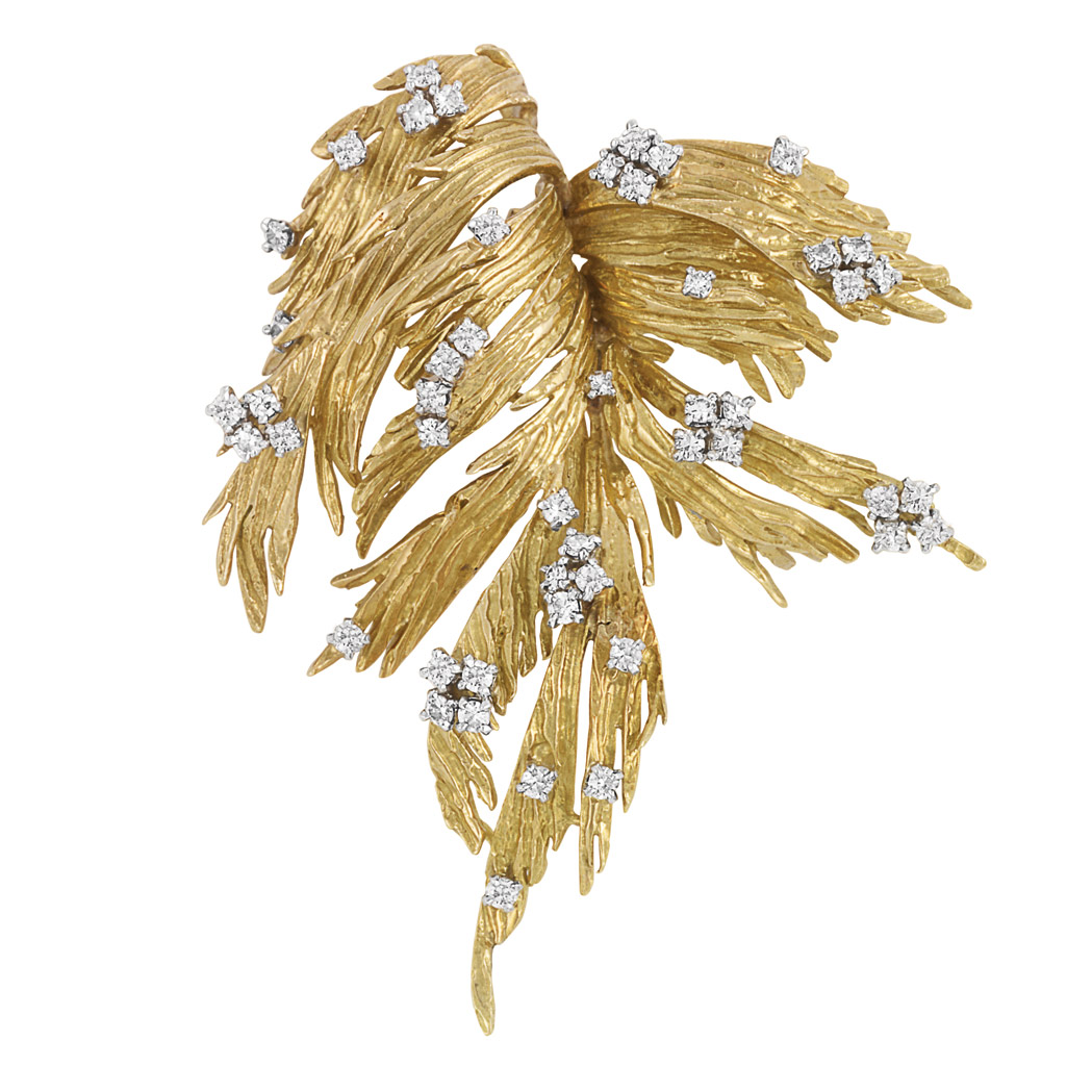 Appraisal: Gold Platinum and Diamond Leaf Clip-Brooch Chaumet kt the textured